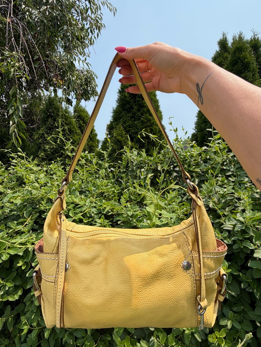 Vintage Fossil Butter Yellow Pebbled Leather Y2K Shoulder Hobo Bag